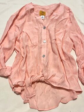 Ruby Rd. Pink Gauze Button Down Tie Front Blouse - Size PXL